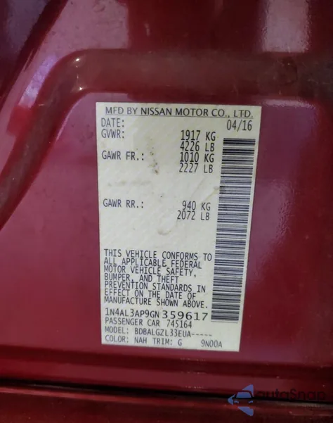 2016 Nissan Altima 2.5 from USA, damaged, VIN 1N4AL3AP9GN359617